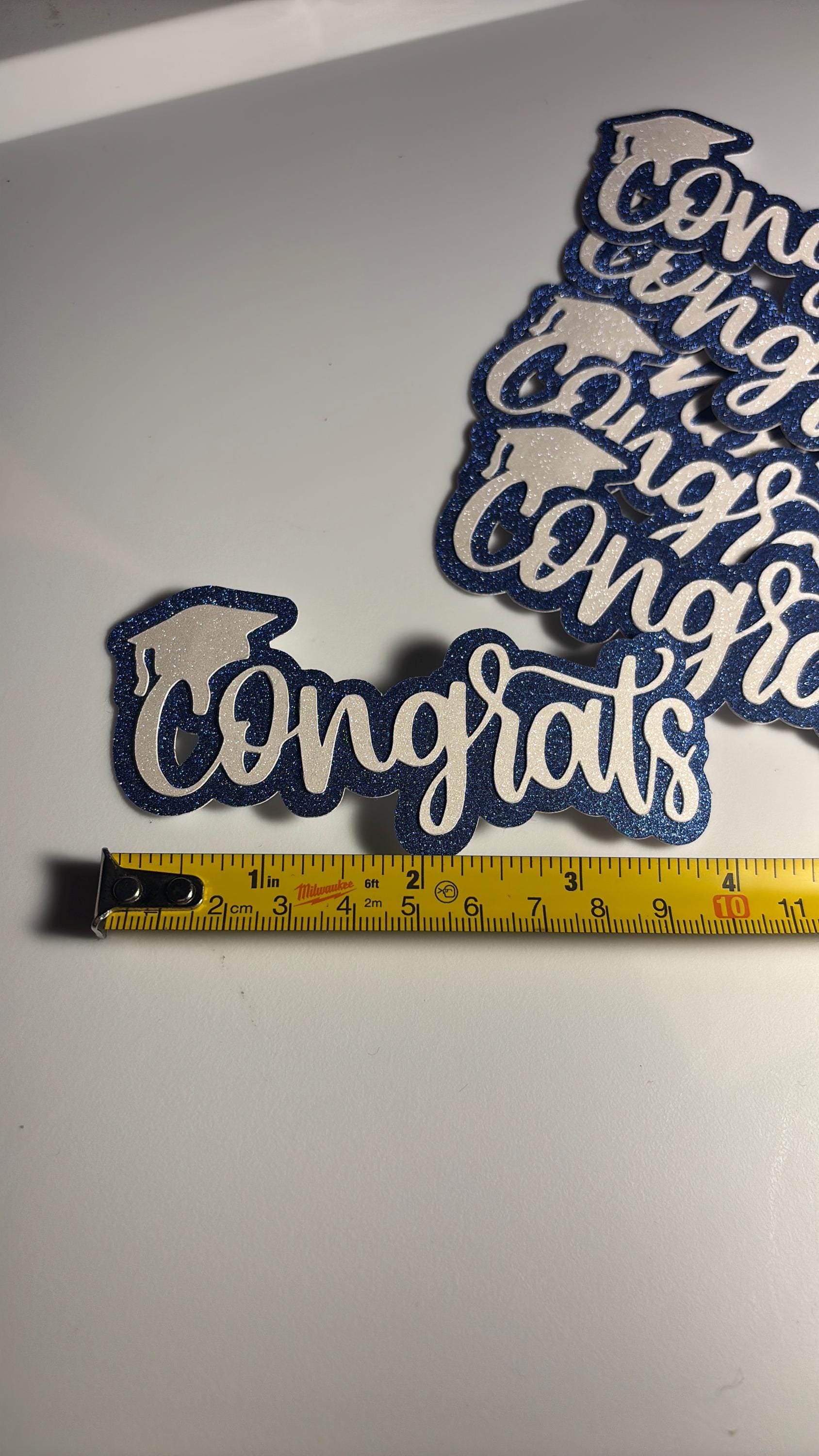 White Glitter “Congrats” Cake Toppers with Blue Glitter Shading – 4” x 2.5”