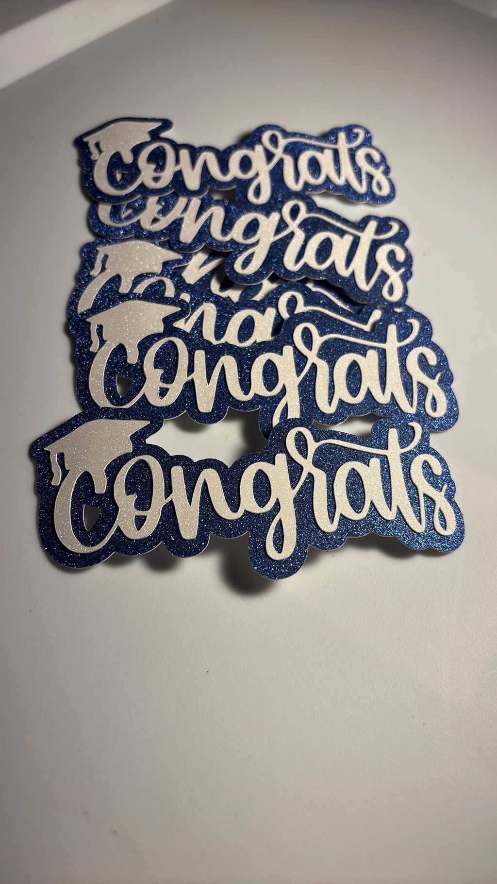 White Glitter “Congrats” Cake Toppers with Blue Glitter Shading – 4” x 2.5”