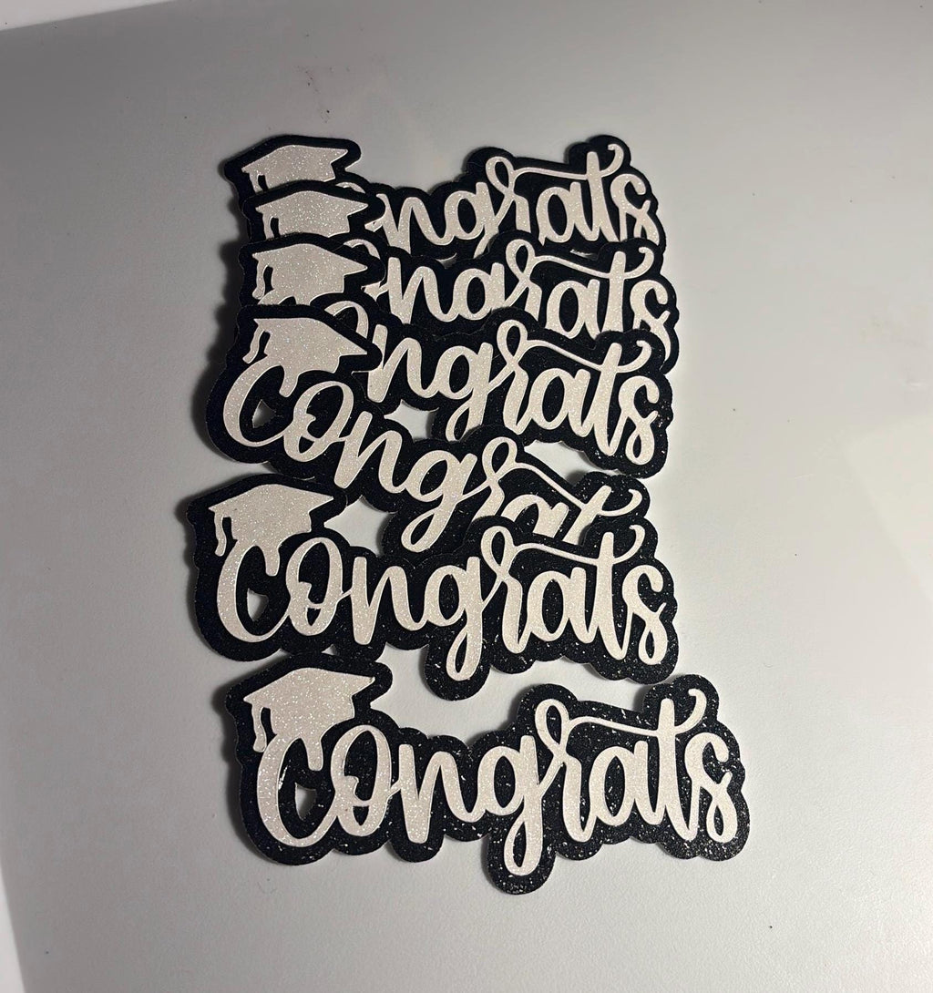 White Glitter “Congrats” Cake Toppers with Black Glitter Shading – 4” x 2.5”