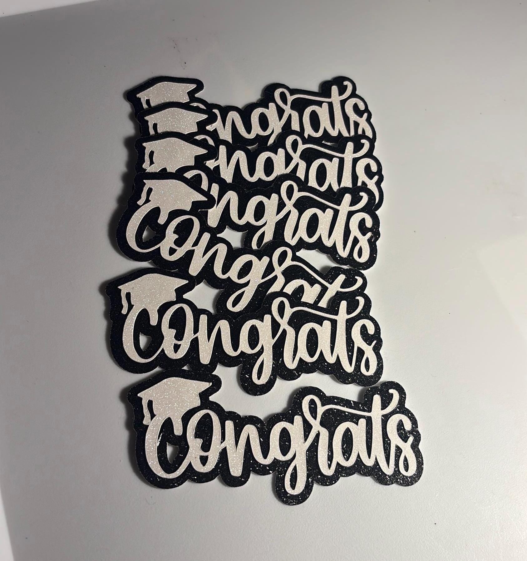 White Glitter “Congrats” Cake Toppers with Black Glitter Shading – 4” x 2.5”