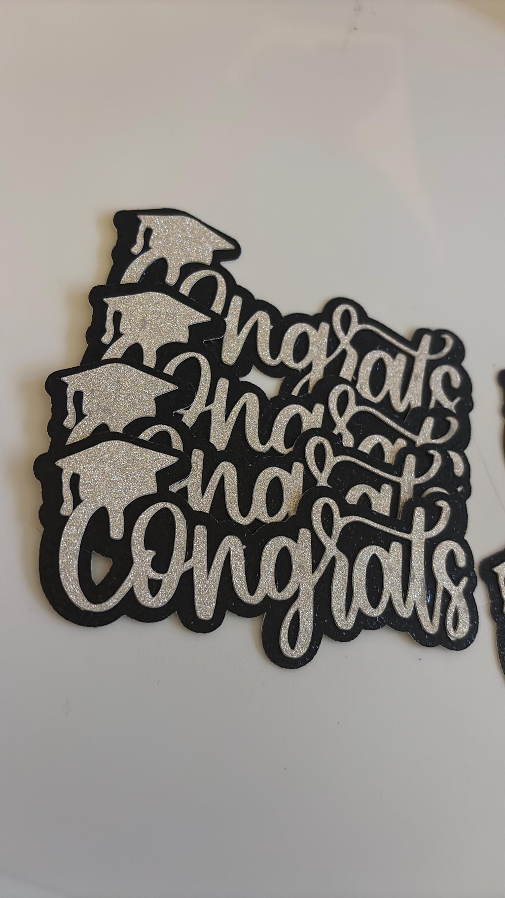Silver Glitter “Congrats” Cake Toppers with Black Glitter Shading – 4” x 2.5”