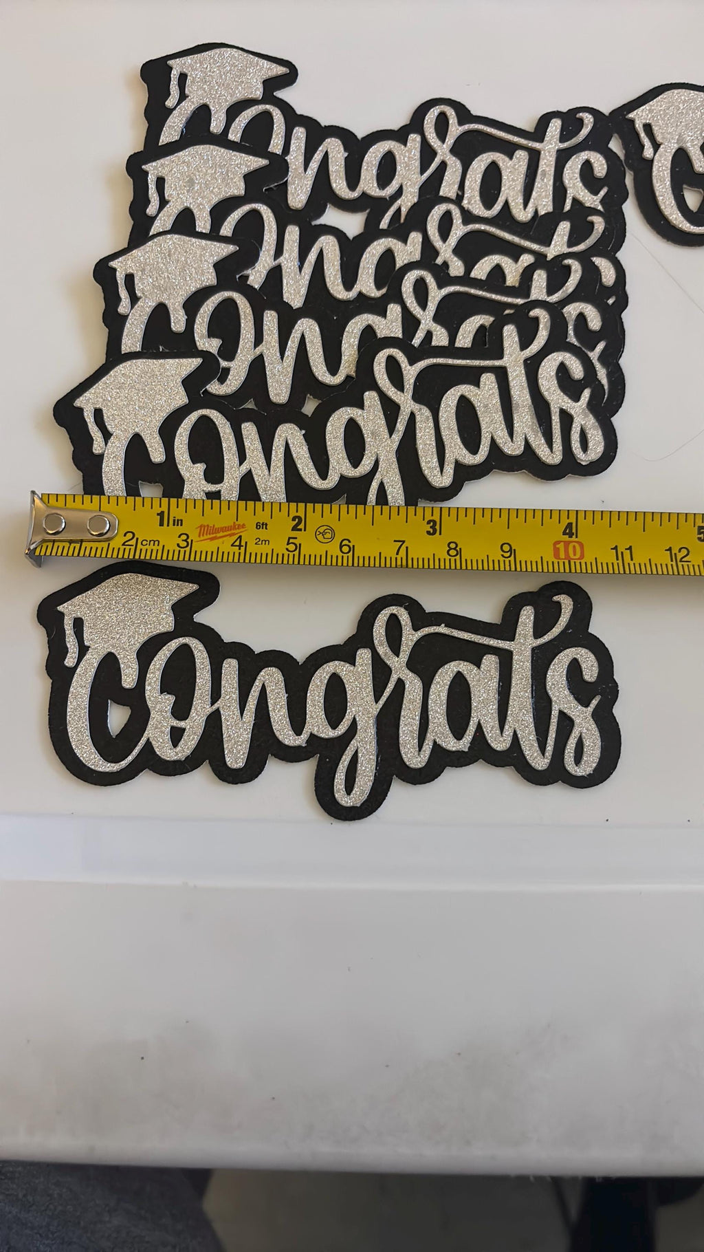 Silver Glitter “Congrats” Cake Toppers with Black Glitter Shading – 4” x 2.5”