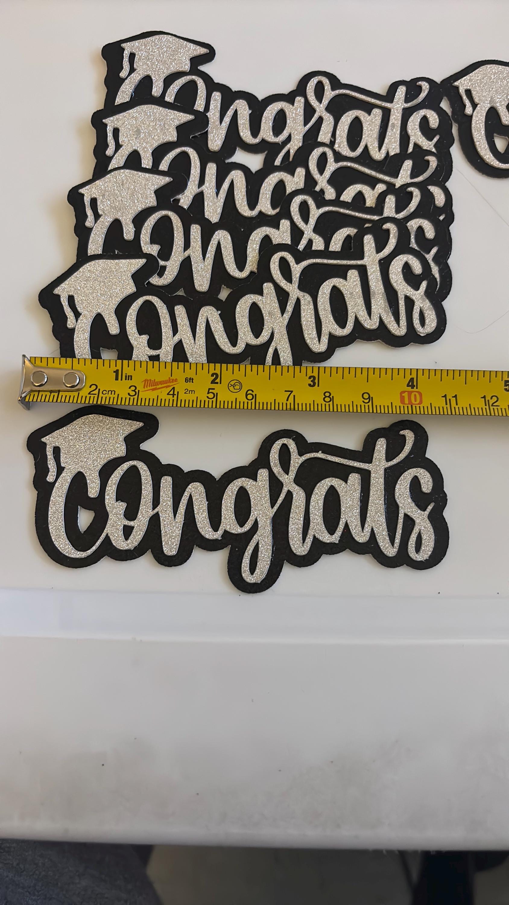 Silver Glitter “Congrats” Cake Toppers with Black Glitter Shading – 4” x 2.5”