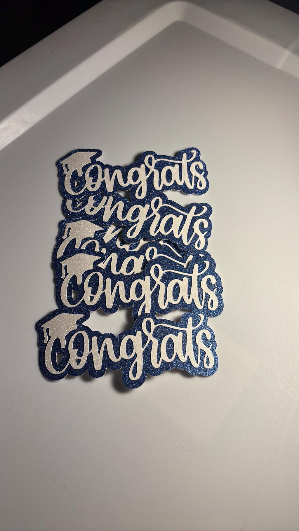 White Glitter “Congrats” Cake Toppers with Blue Glitter Shading – 4” x 2.5”