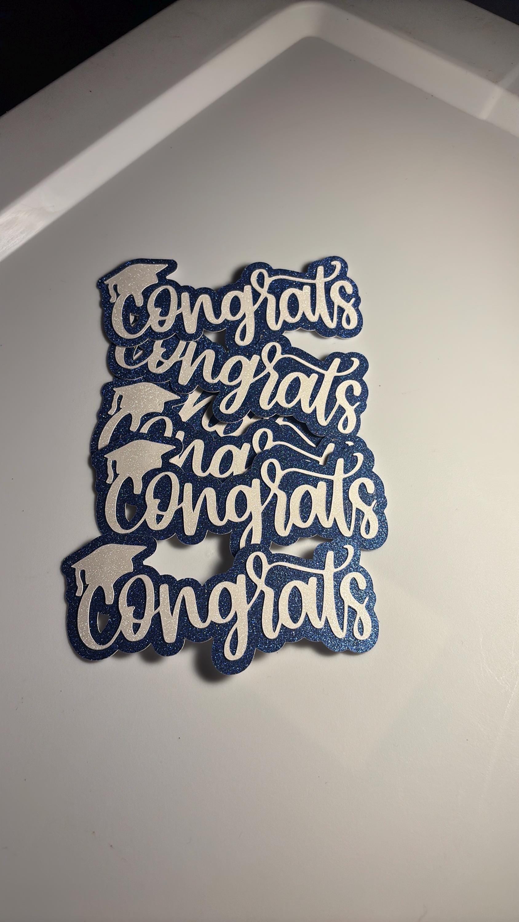 White Glitter “Congrats” Cake Toppers with Blue Glitter Shading – 4” x 2.5”