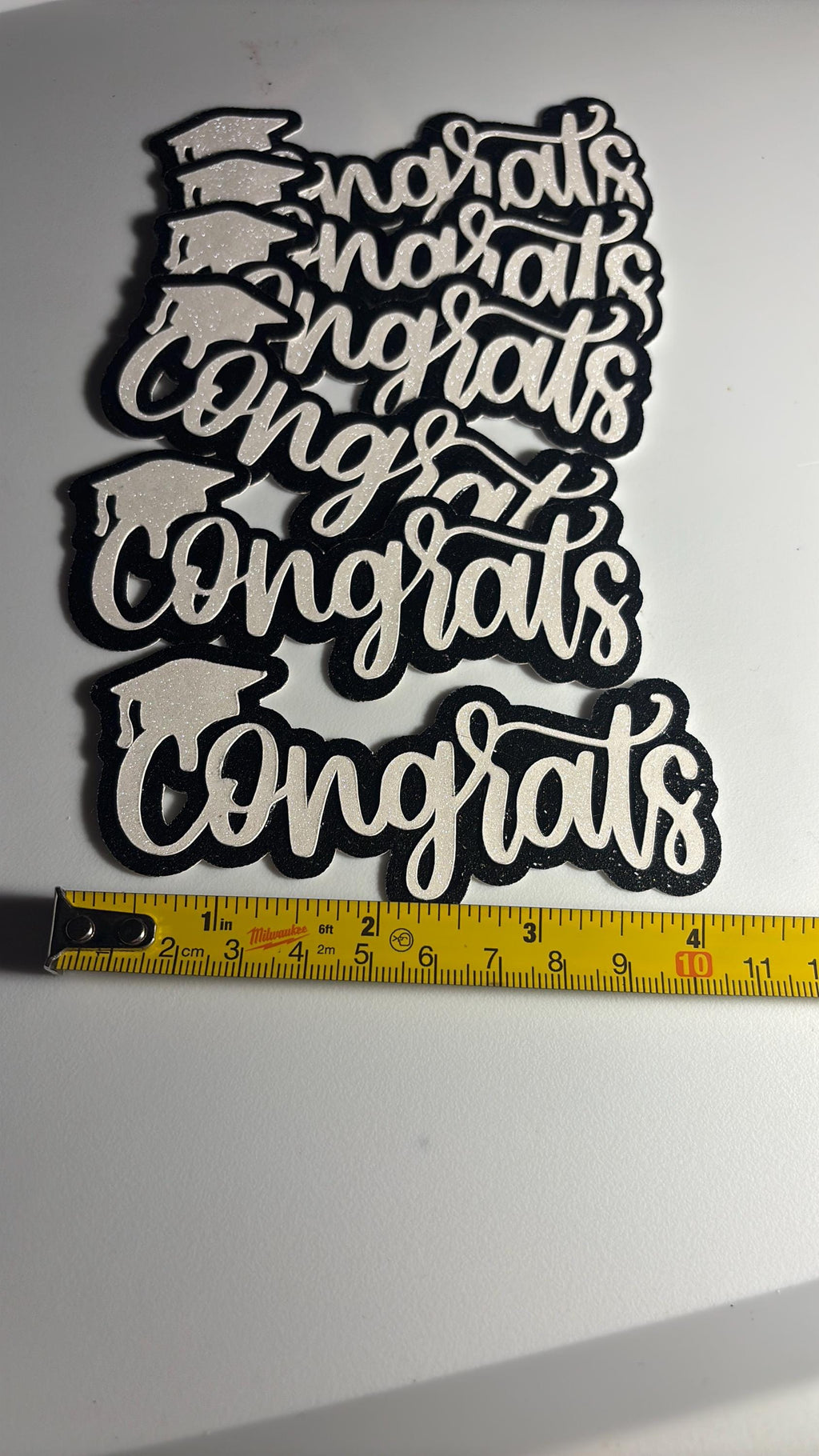 White Glitter “Congrats” Cake Toppers with Black Glitter Shading – 4” x 2.5”