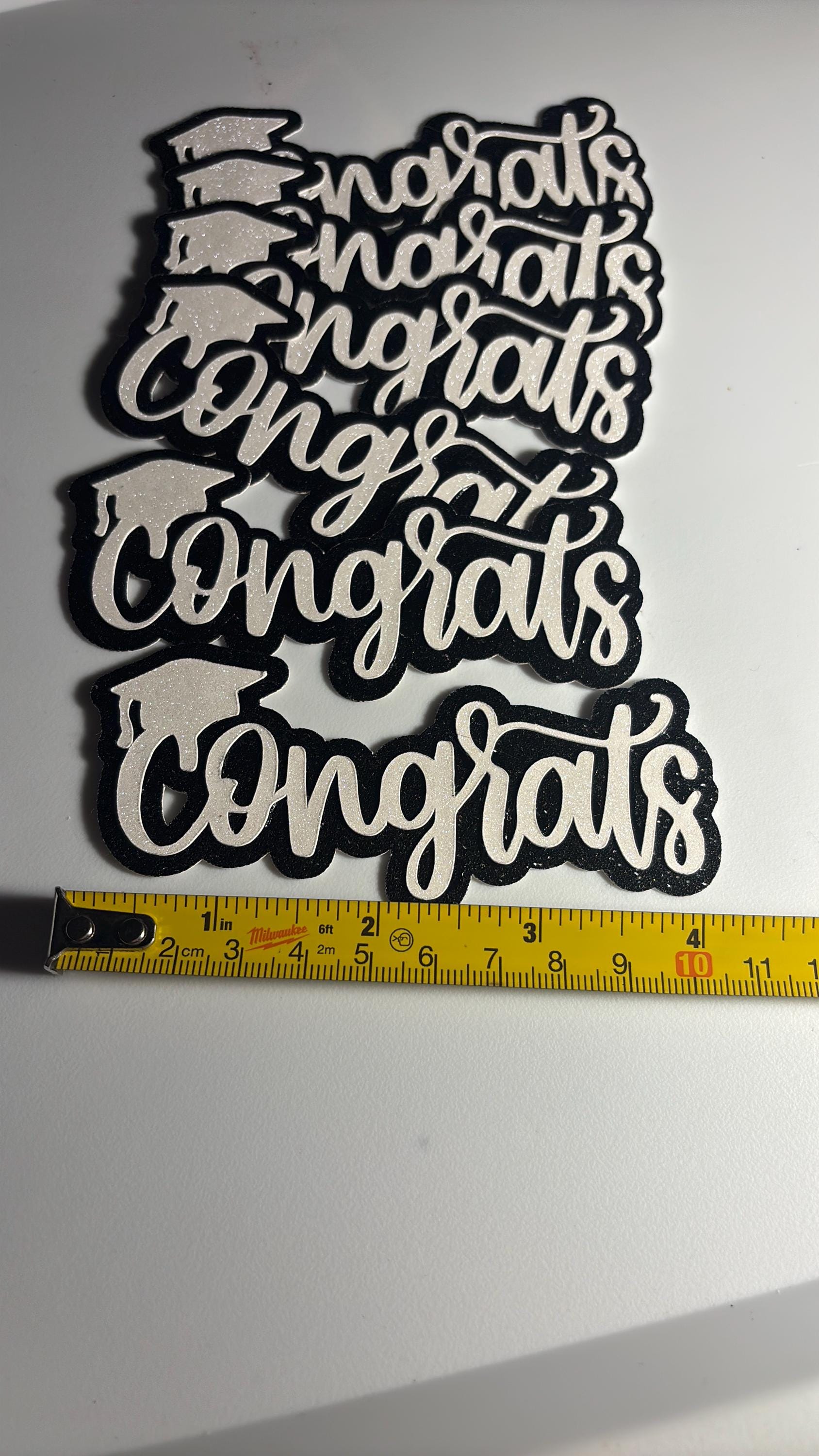 White Glitter “Congrats” Cake Toppers with Black Glitter Shading – 4” x 2.5”