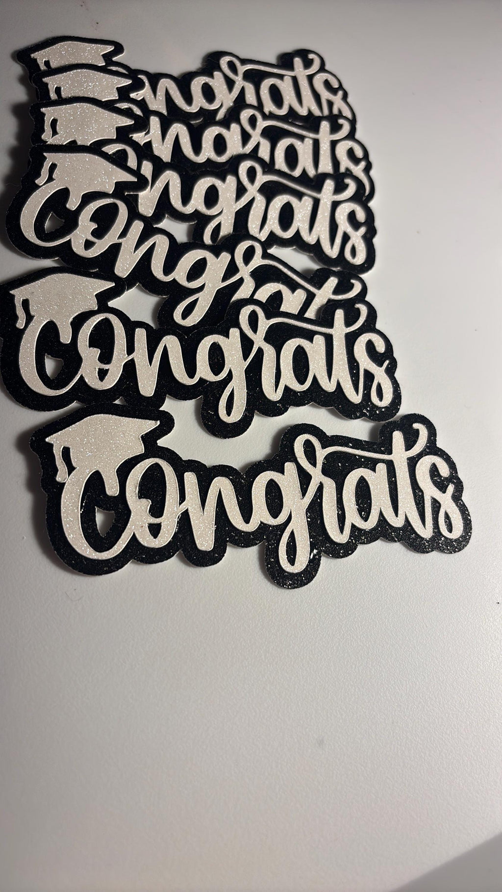 White Glitter “Congrats” Cake Toppers with Black Glitter Shading – 4” x 2.5”