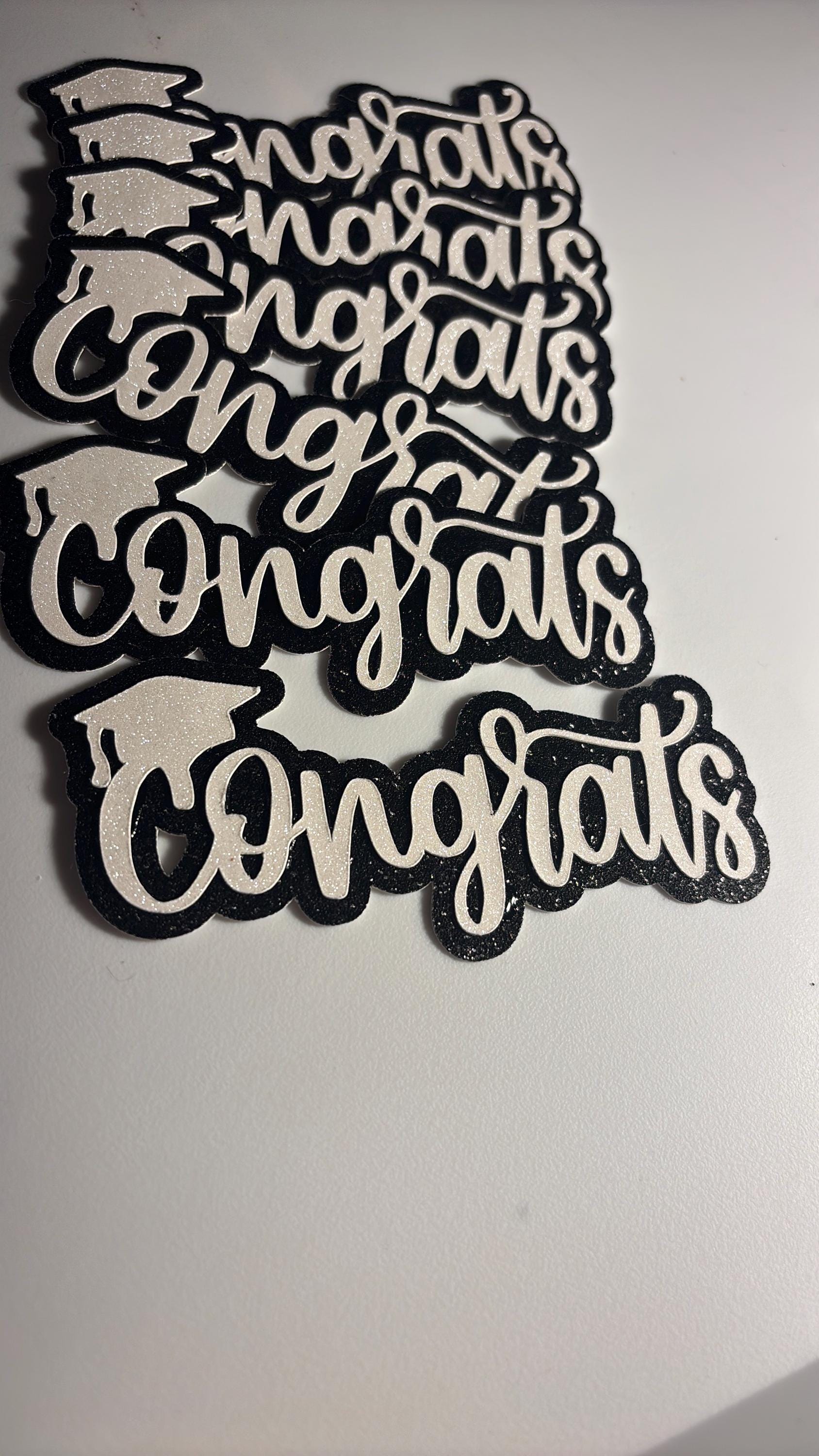 White Glitter “Congrats” Cake Toppers with Black Glitter Shading – 4” x 2.5”